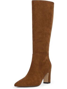 Women's Camel Brown Chunky Heel Pointed Toe Side Zipper Knee High Boots